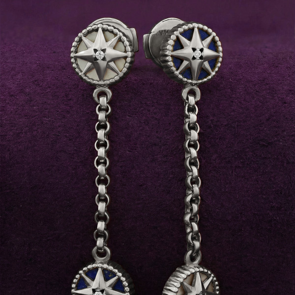 Серьги из белого золота 585 пробы c бриллиантами, лазуритом и перламутром