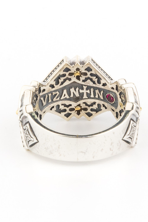 Кольцо из серебра 925 пробы и золота 750 пробы c ониксом и рубином