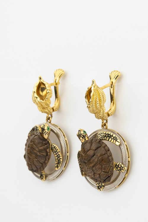 Серьги из лимонного золота 585 пробы c эмалью и железным деревом