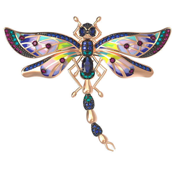 Брошь из красного золота 585 пробы c фианитом, рубином, сапфиром и эмалью