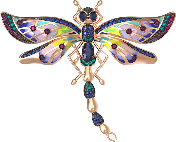 Брошь из красного золота 585 пробы c фианитом, рубином, сапфиром и эмалью