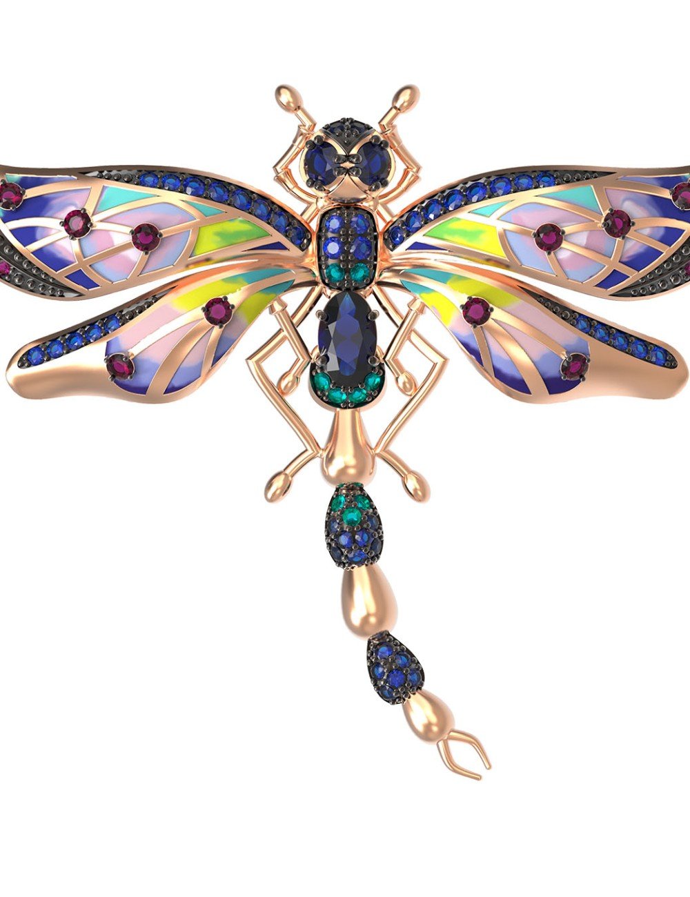 Брошь из золота c фианитом, рубином, сапфиром и эмалью