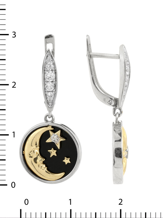 Серьги из белого золота 585 пробы c бриллиантами, ониксом и перламутром