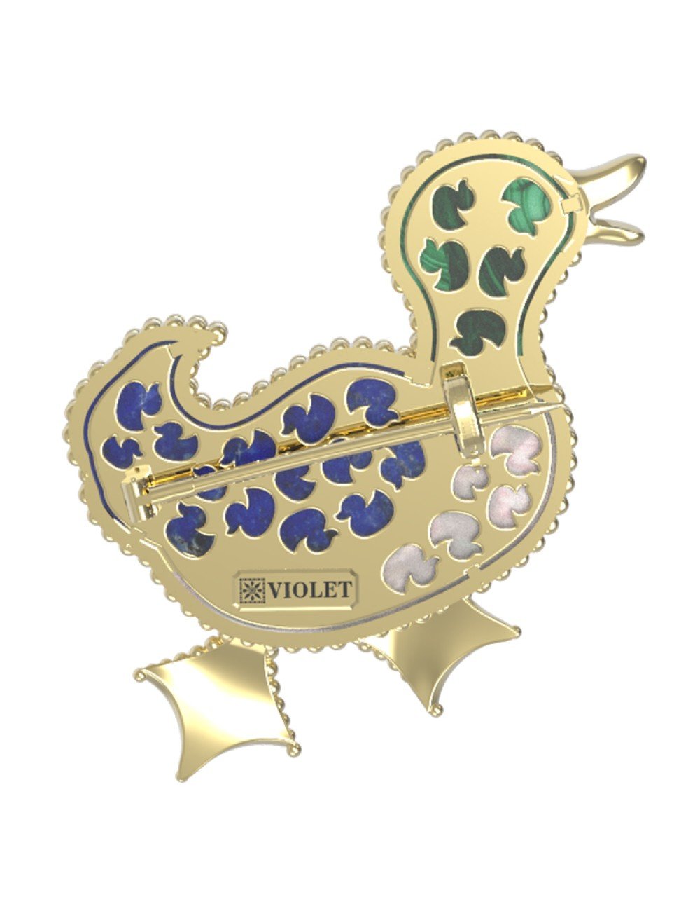 Брошь из лимонного золота c эмалью, лазуритом, малахитом и перламутром