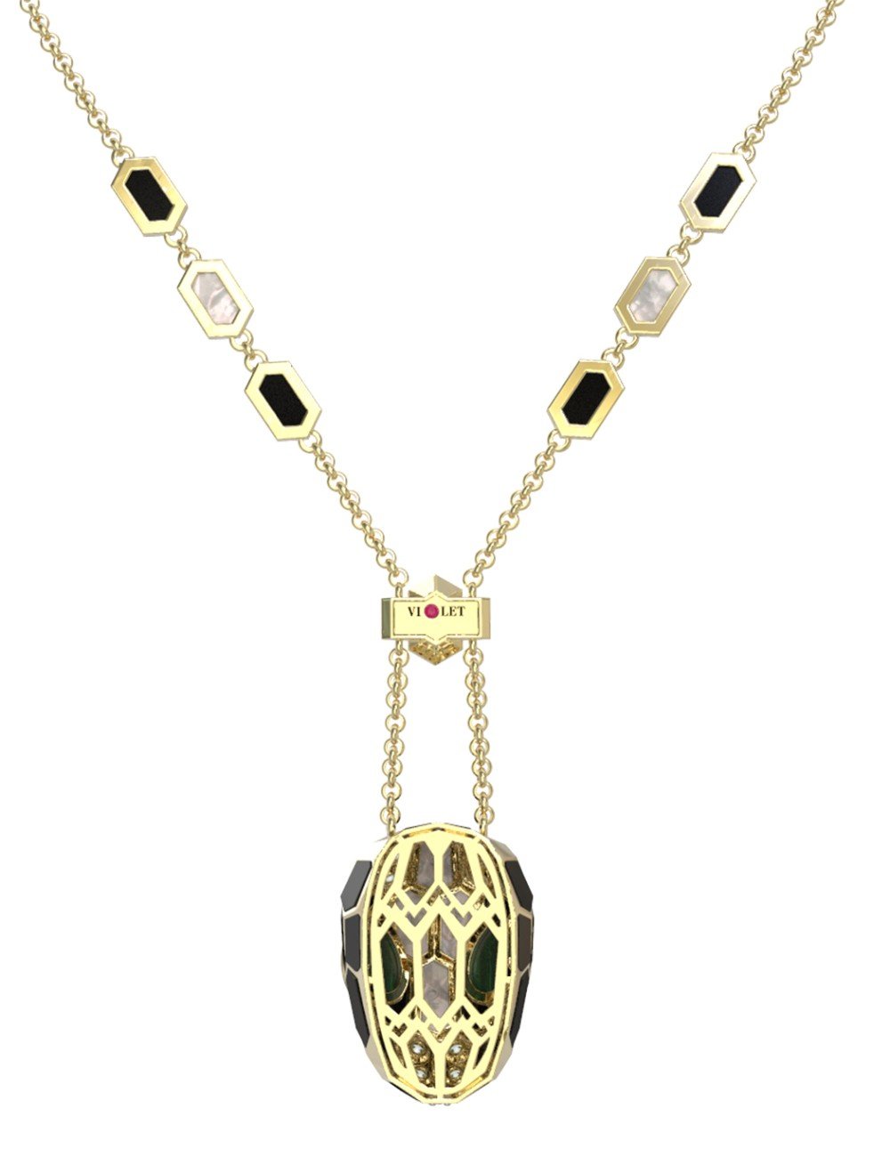 Колье из лимонного золота c бриллиантами, рубином, ониксом, малахитом и перламутром