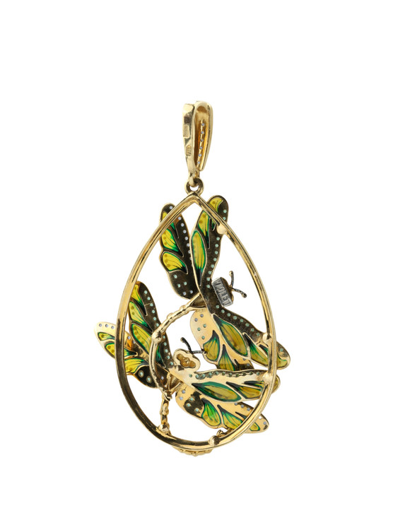 Подвеска из лимонного золота 585 пробы c сапфиром, изумрудом и эмалью