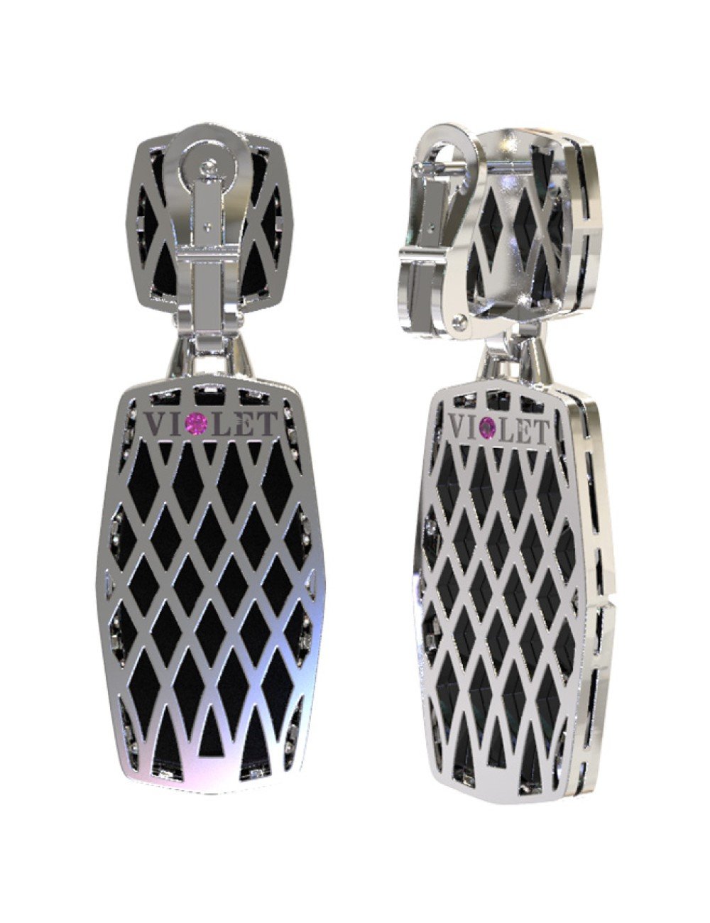 Серьги из белого золота c бриллиантами, рубином и ониксом