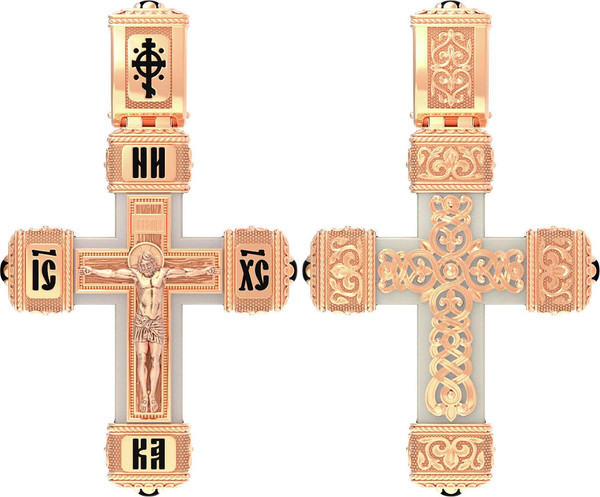 Крест из красного золота 585 пробы c эмалью, ониксом и бивнем мамонта