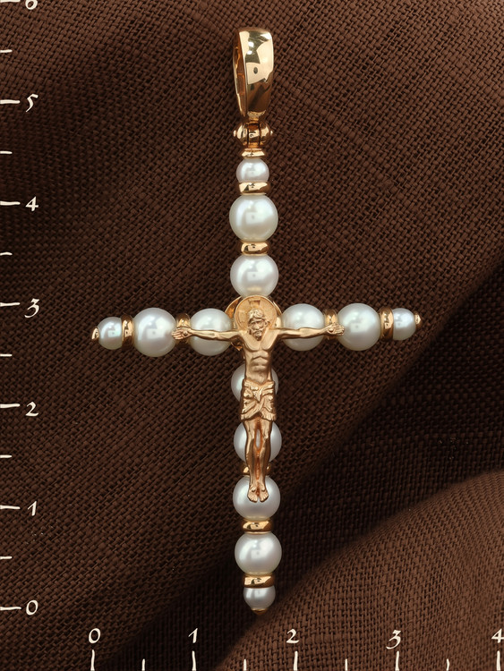 Крест из красного золота 585 пробы c жемчугом