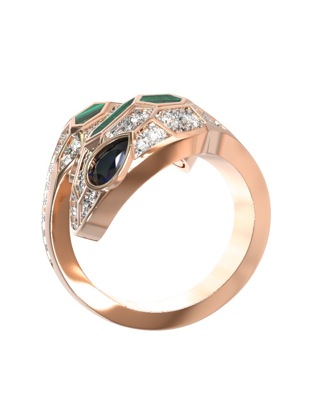 Кольцо из золота c бриллиантами, сапфиром и малахитом