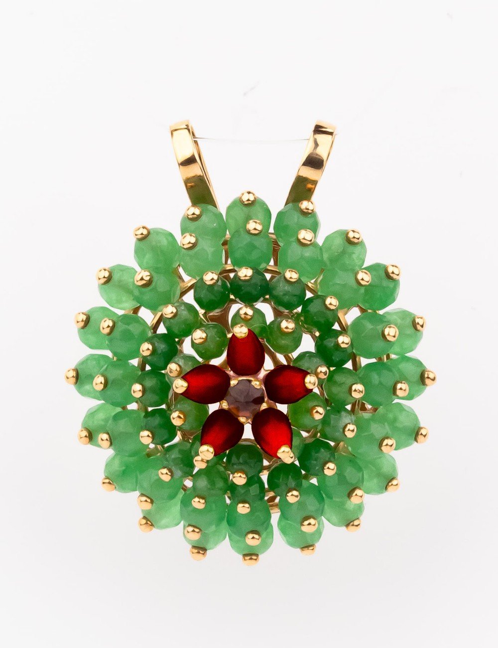 Подвеска из золота c гранатом, хризопразом и кораллом