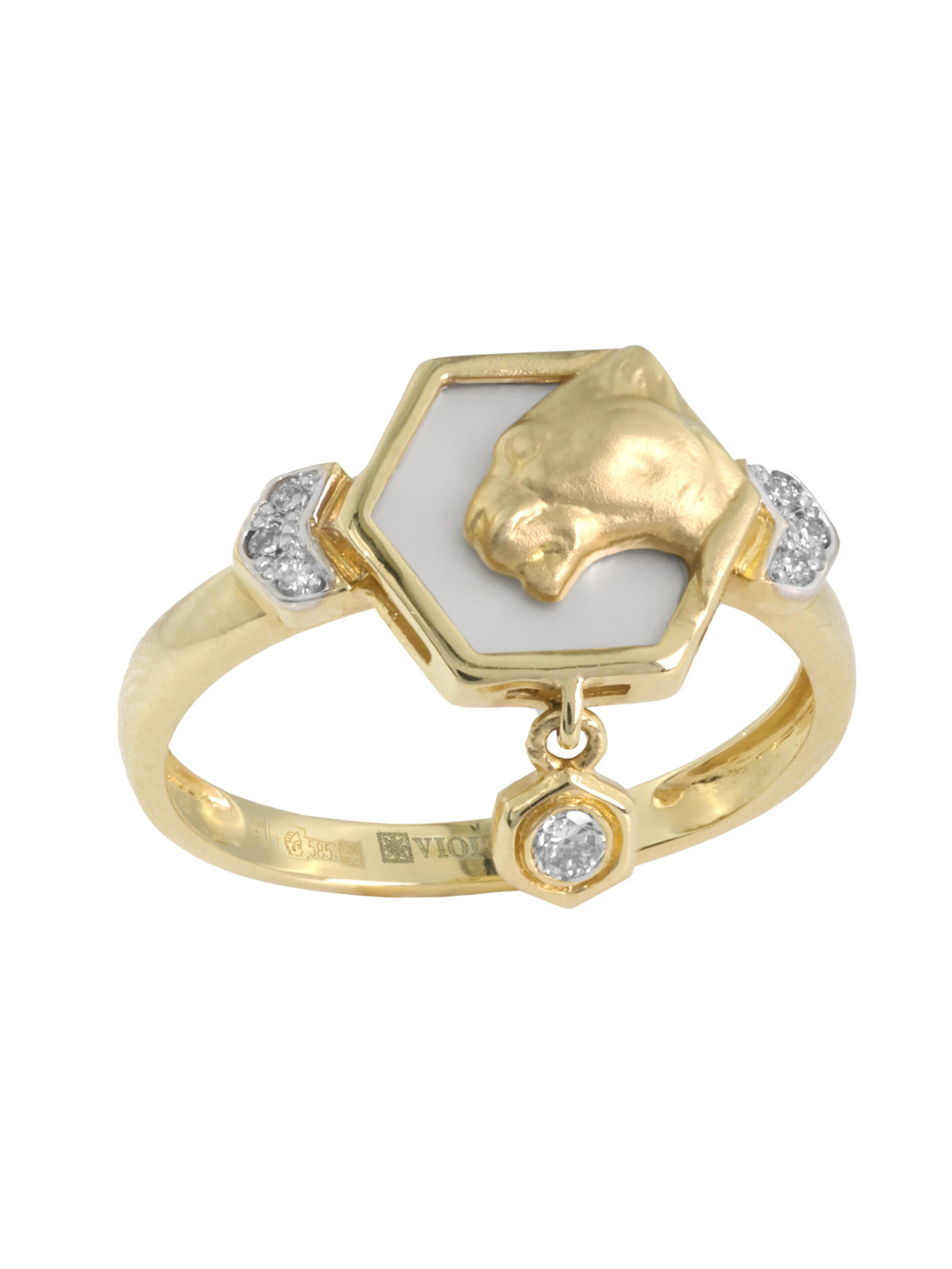 Кольцо из лимонного золота 585 пробы c бриллиантами и перламутром