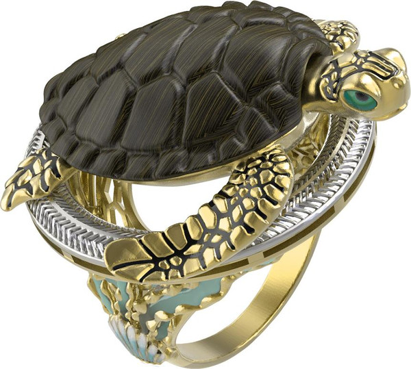 Кольцо из лимонного золота 585 пробы c эмалью и железным деревом