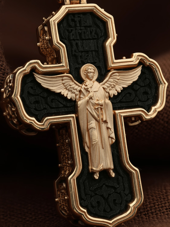 Крест из красного золота 585 пробы c эбеновым деревом