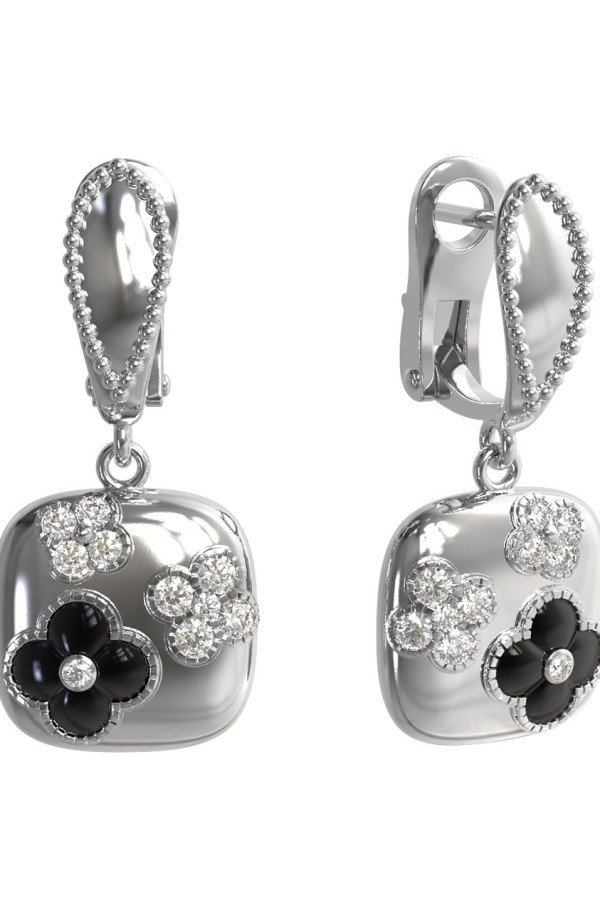 Серьги из белого золота c бриллиантами и ониксом