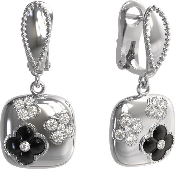 Серьги из белого золота c бриллиантами и ониксом