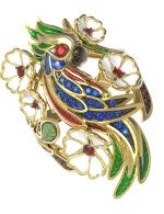 Кольцо из лимонного золота c эмалью, гранатом, рубином и сапфиром