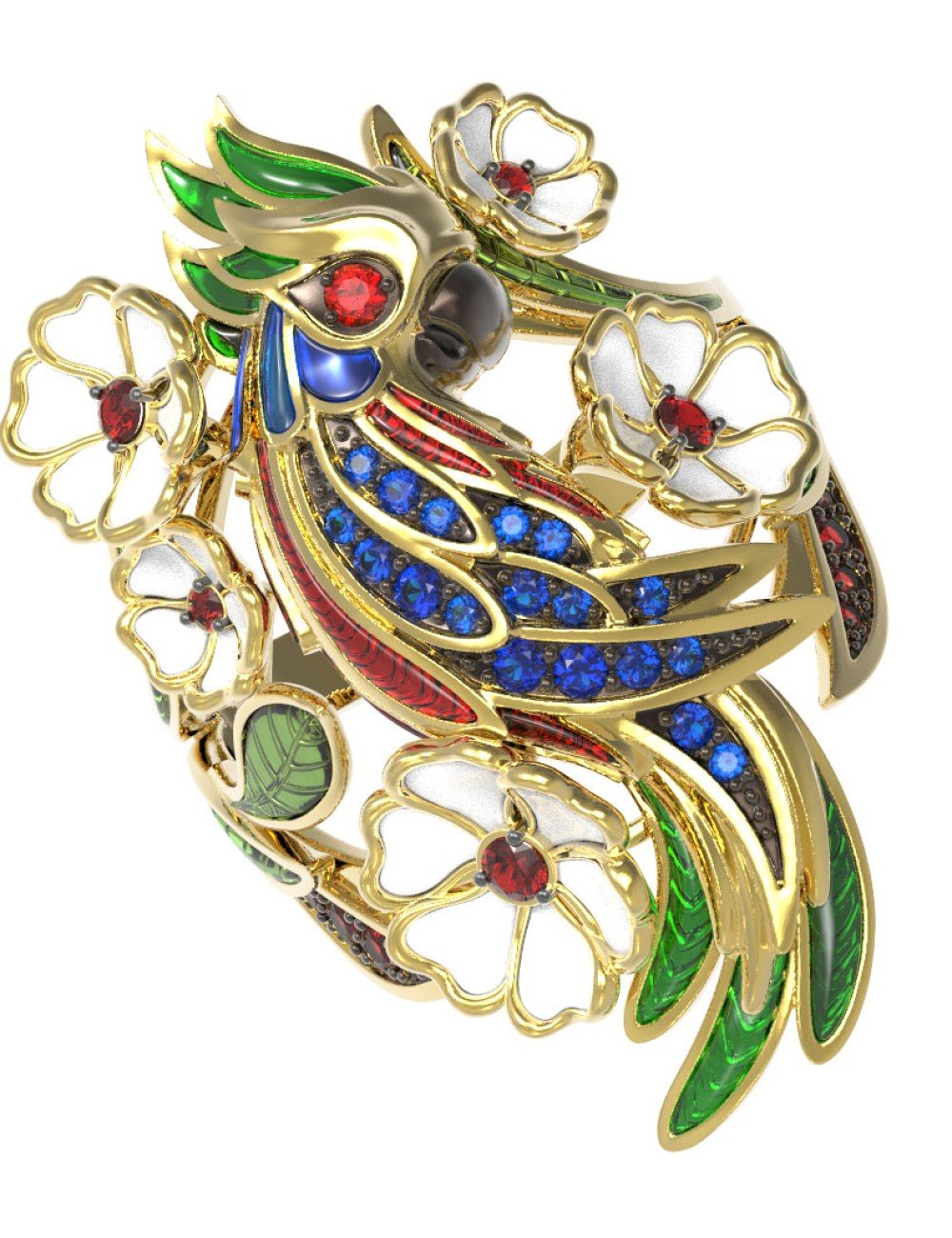 Кольцо из лимонного золота c эмалью, гранатом, рубином и сапфиром