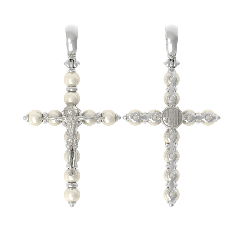 Крест из белого золота 585 пробы c жемчугом