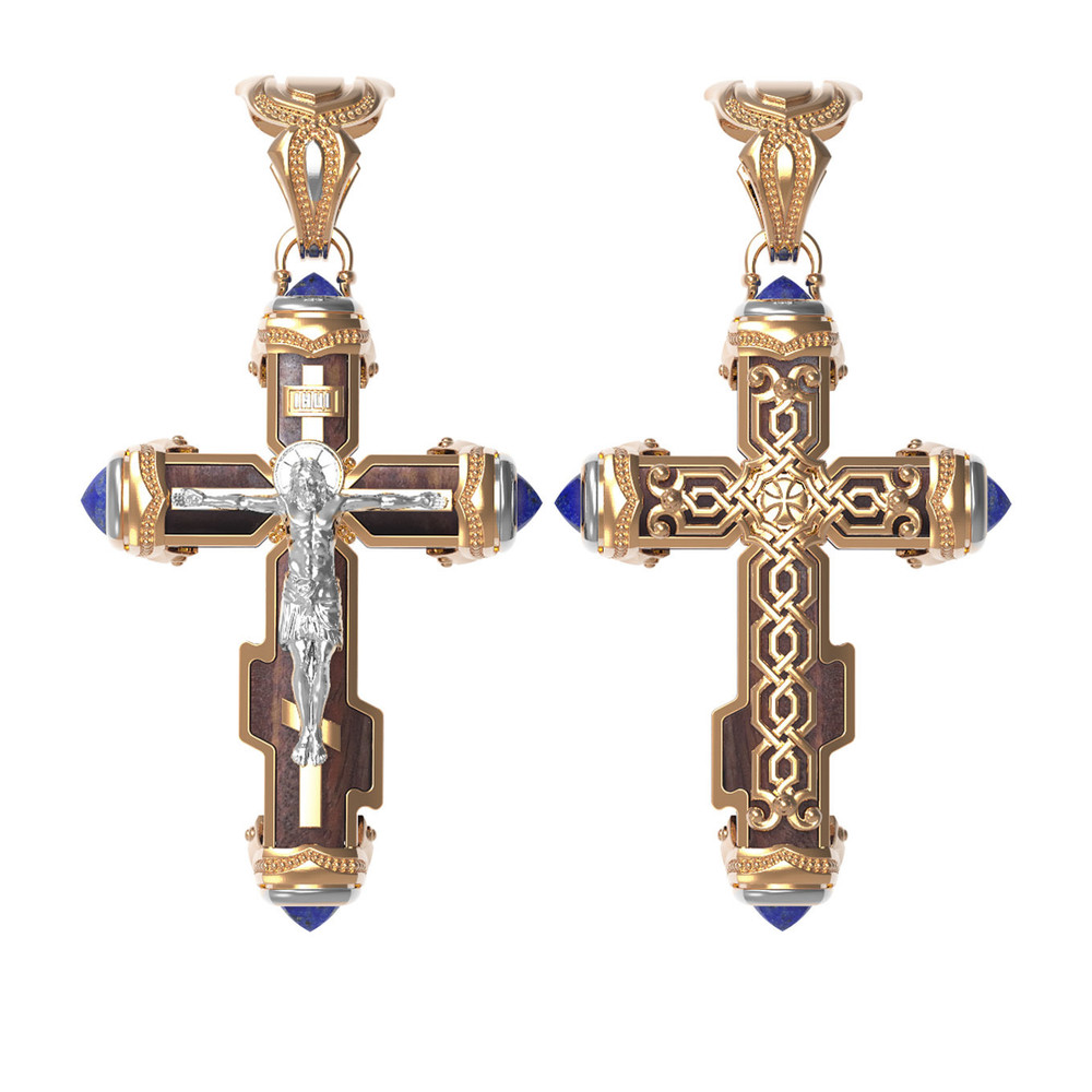 Крест из красного золота 585 пробы c лазуритом и железным деревом