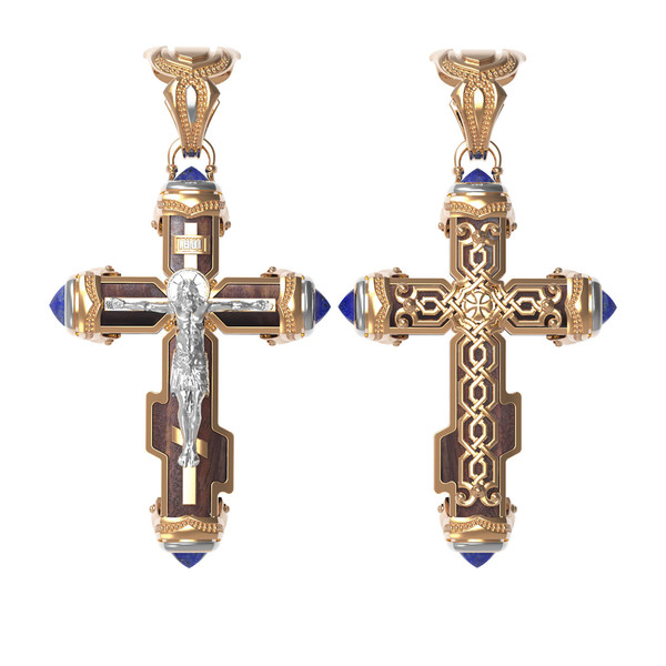 Крест из красного золота 585 пробы c лазуритом и железным деревом