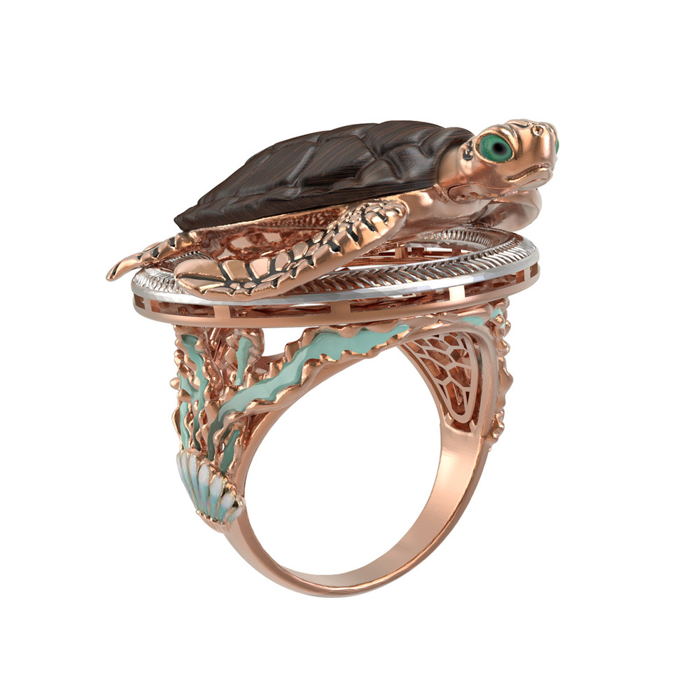 Кольцо из красного золота 585 пробы c эмалью и железным деревом