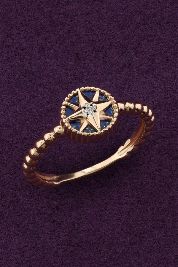 Кольцо из лимонного золота 585 пробы c бриллиантами и лазуритом