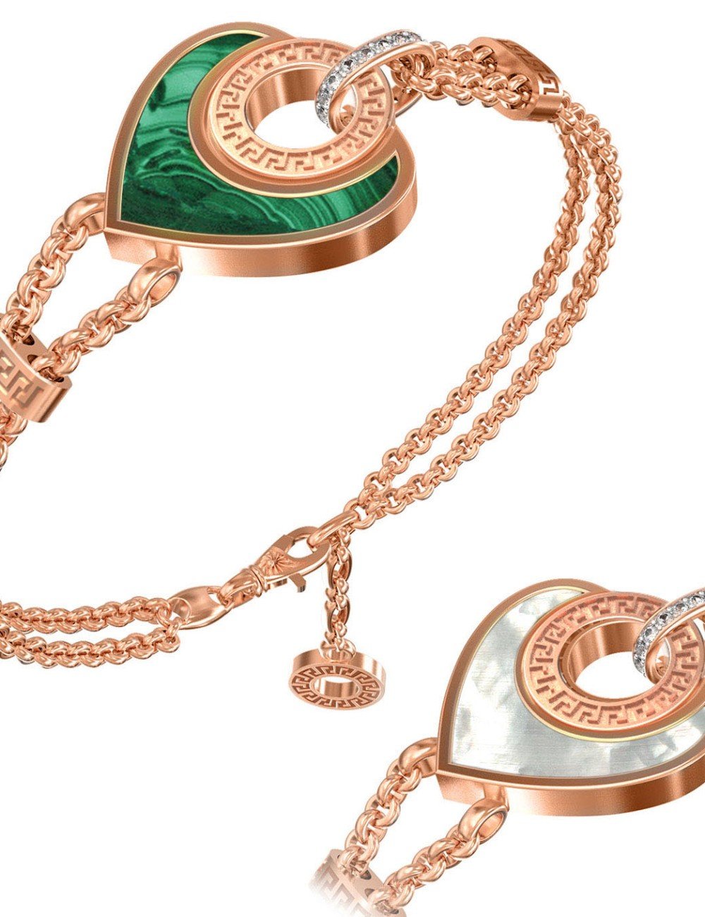 Браслет из золота c фианитом, малахитом и перламутром