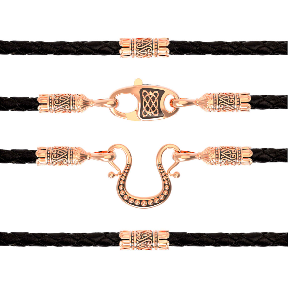 Цепь-шнурок кожа из красного золота 585 пробы c кожаным шнурком