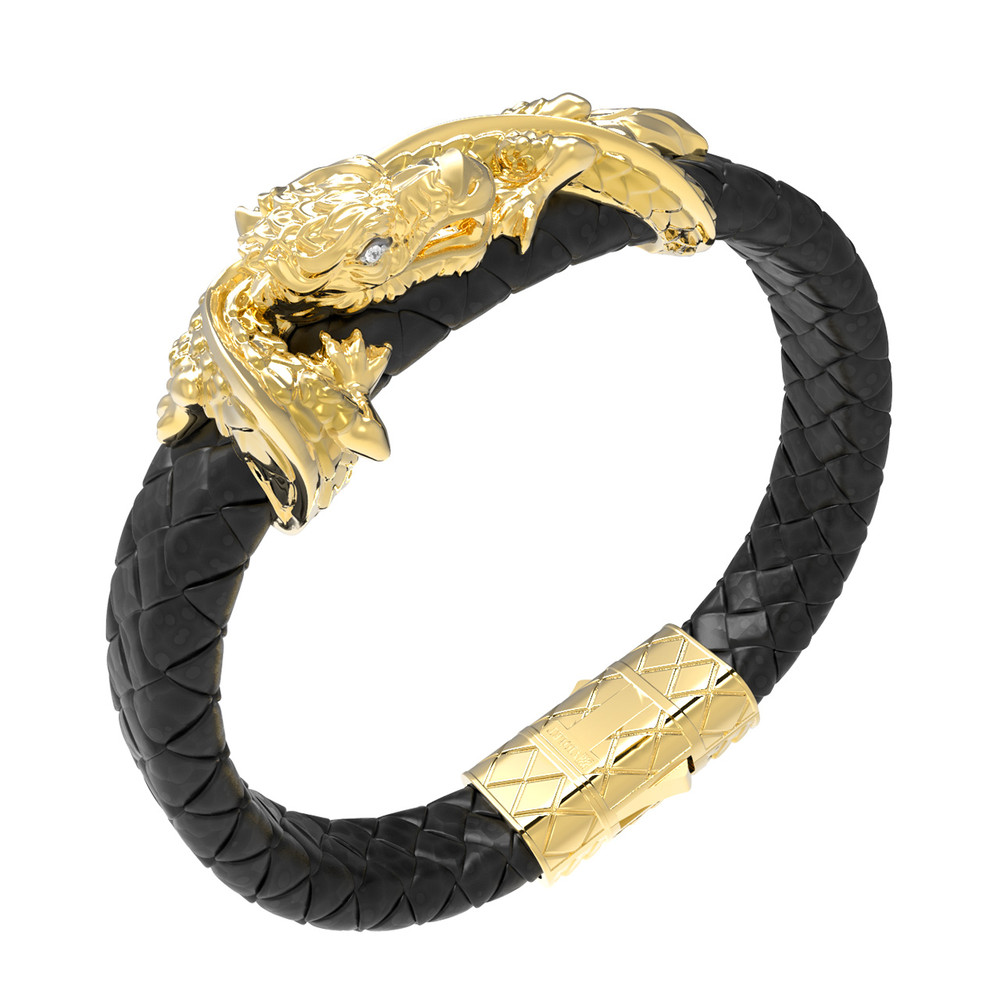 Браслет из лимонного золота 585 пробы c бриллиантами и кожаным шнурком