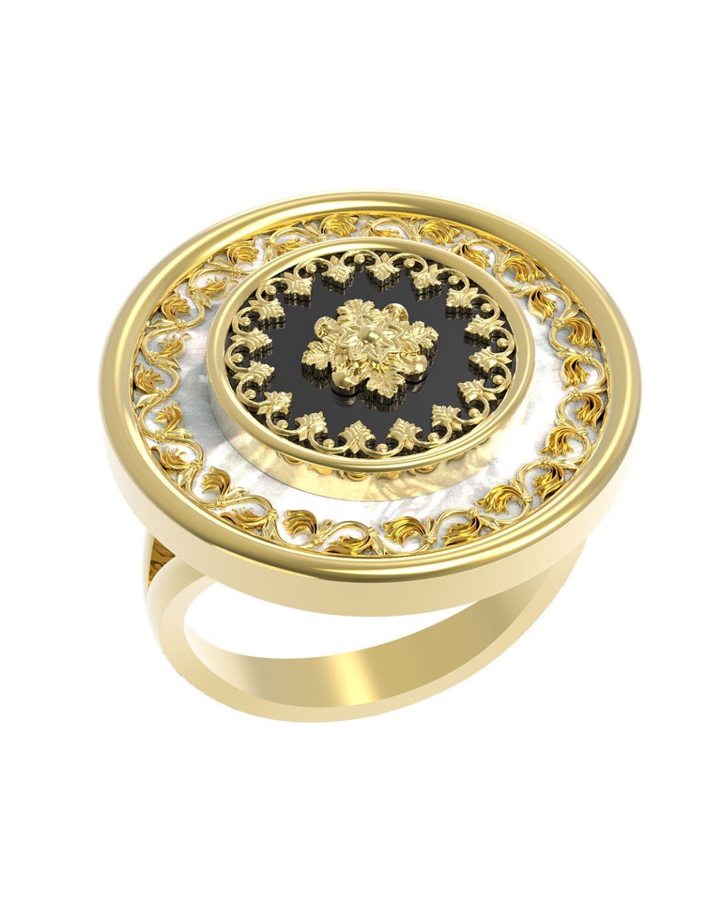 Кольцо из лимонного золота c ониксом и перламутром