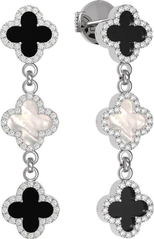 Серьги из белого золота c бриллиантами, ониксом и перламутром