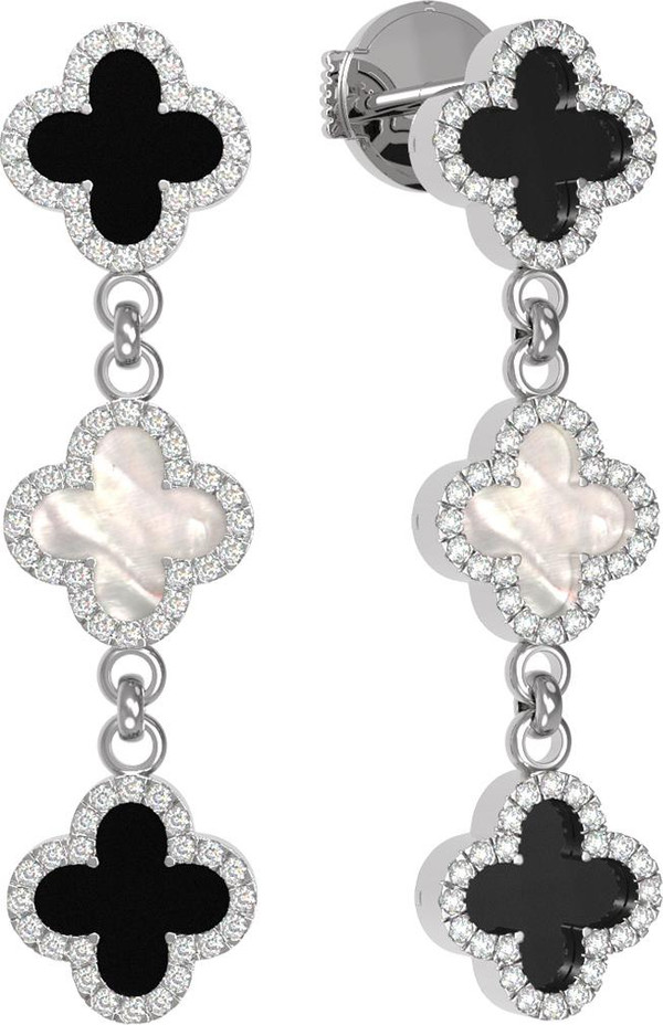 Серьги из белого золота 585 пробы c бриллиантами, ониксом и перламутром