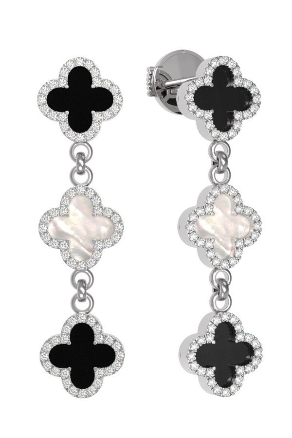 Серьги из белого золота c бриллиантами, ониксом и перламутром