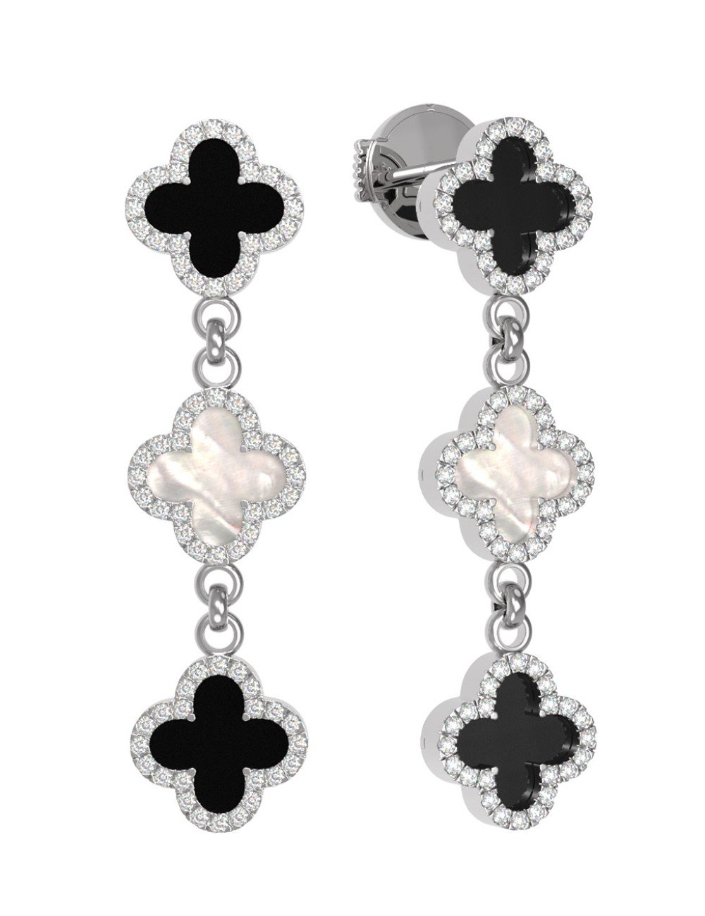 Серьги из белого золота c бриллиантами, ониксом и перламутром