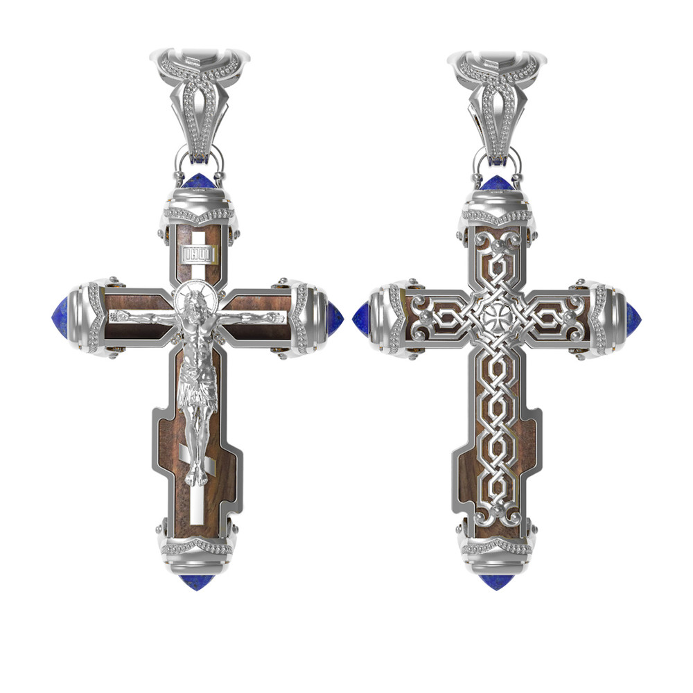 Крест из белого золота 585 пробы c лазуритом и железным деревом