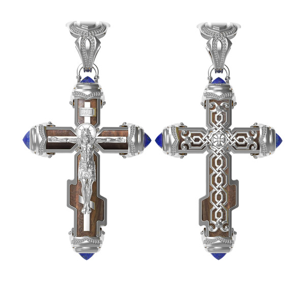 Крест из белого золота 585 пробы c лазуритом и железным деревом