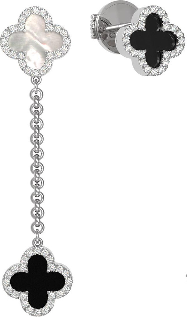 Серьги из белого золота 585 пробы c бриллиантами, ониксом и перламутром