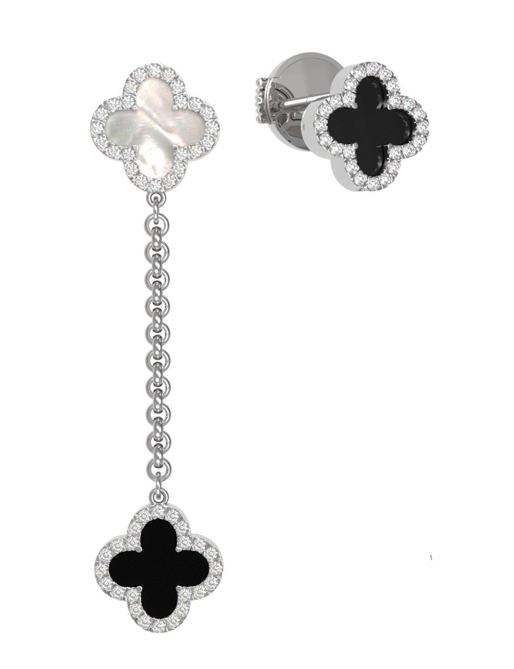 Серьги из белого золота c бриллиантами, ониксом и перламутром
