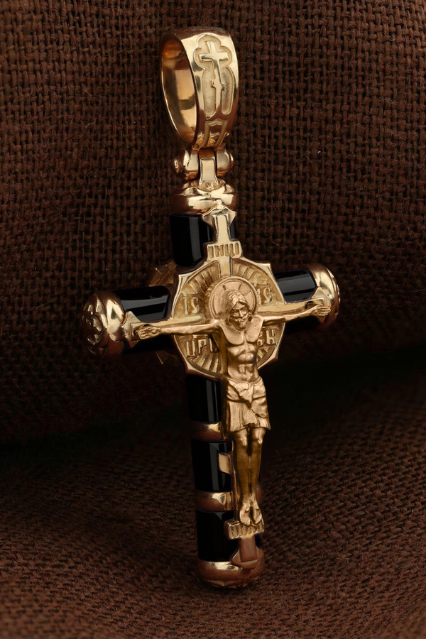 Крест из красного золота 585 пробы c ониксом