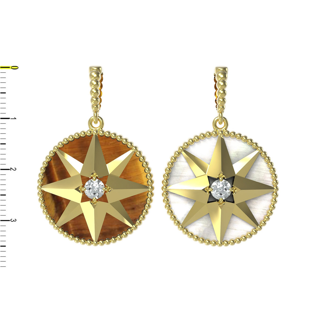 Подвеска из лимонного золота 585 пробы c фианитом, тигровым глазом и перламутром