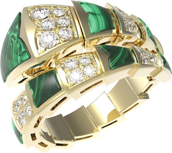 Кольцо из лимонного золота 585 пробы c бриллиантами и малахитом