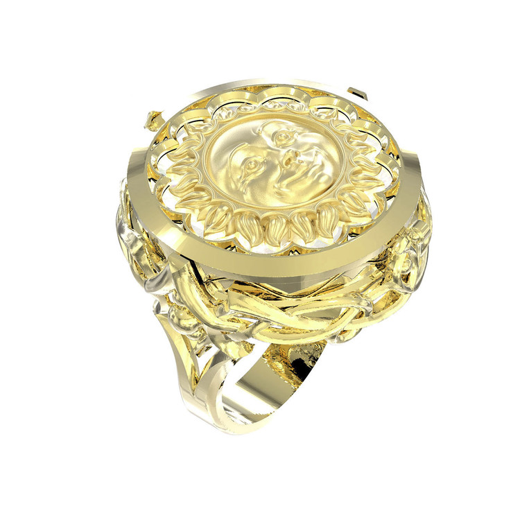 Кольцо из лимонного золота 585 пробы c ониксом и перламутром