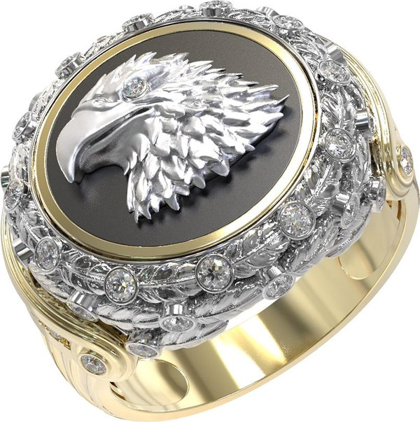 Кольцо из лимонного золота 585 пробы c бриллиантами и ониксом