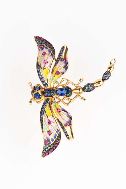 Кольцо из красного золота 585 пробы c фианитом, рубином, сапфиром и эмалью