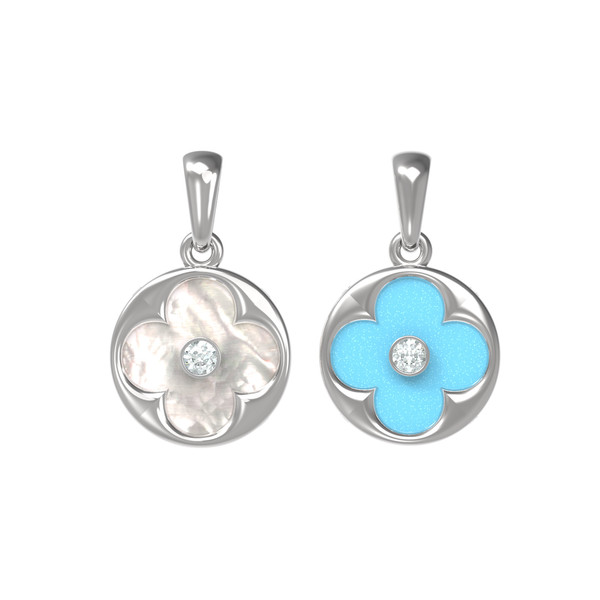 Подвеска из белого золота 585 пробы c бриллиантами, бирюзой и перламутром