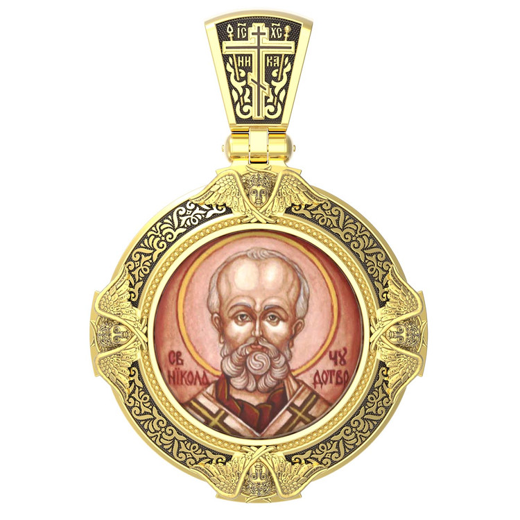 Нательная икона из лимонного золота 585 пробы c эмалью, иконописью и темперой