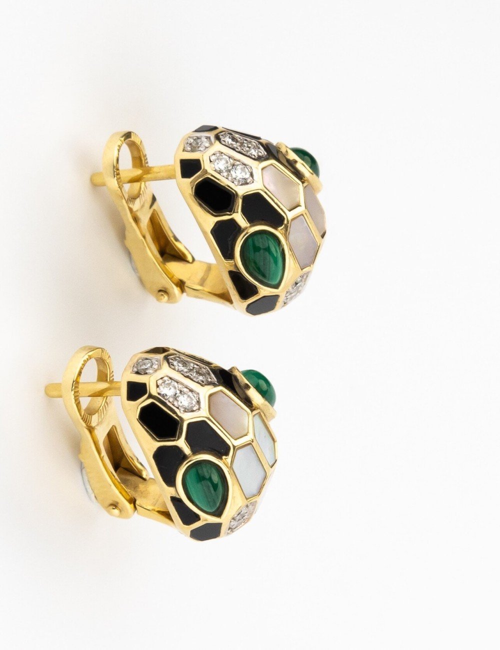 Серьги из лимонного золота c бриллиантами, рубином, ониксом, малахитом и перламутром