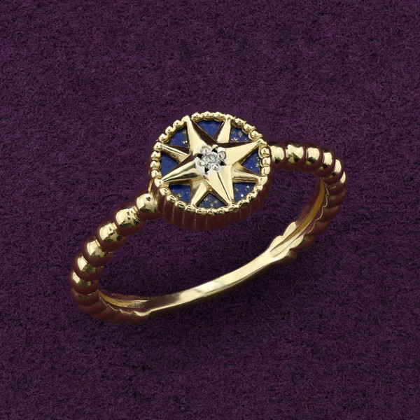 Кольцо из лимонного золота 585 пробы c бриллиантами и лазуритом