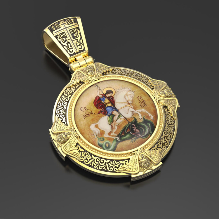 Нательная икона из лимонного золота 585 пробы c эмалью, иконописью и темперой